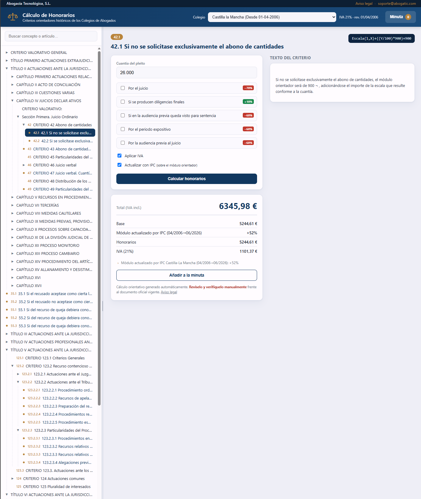 Captura de la aplicación web Cálculo de honorarios