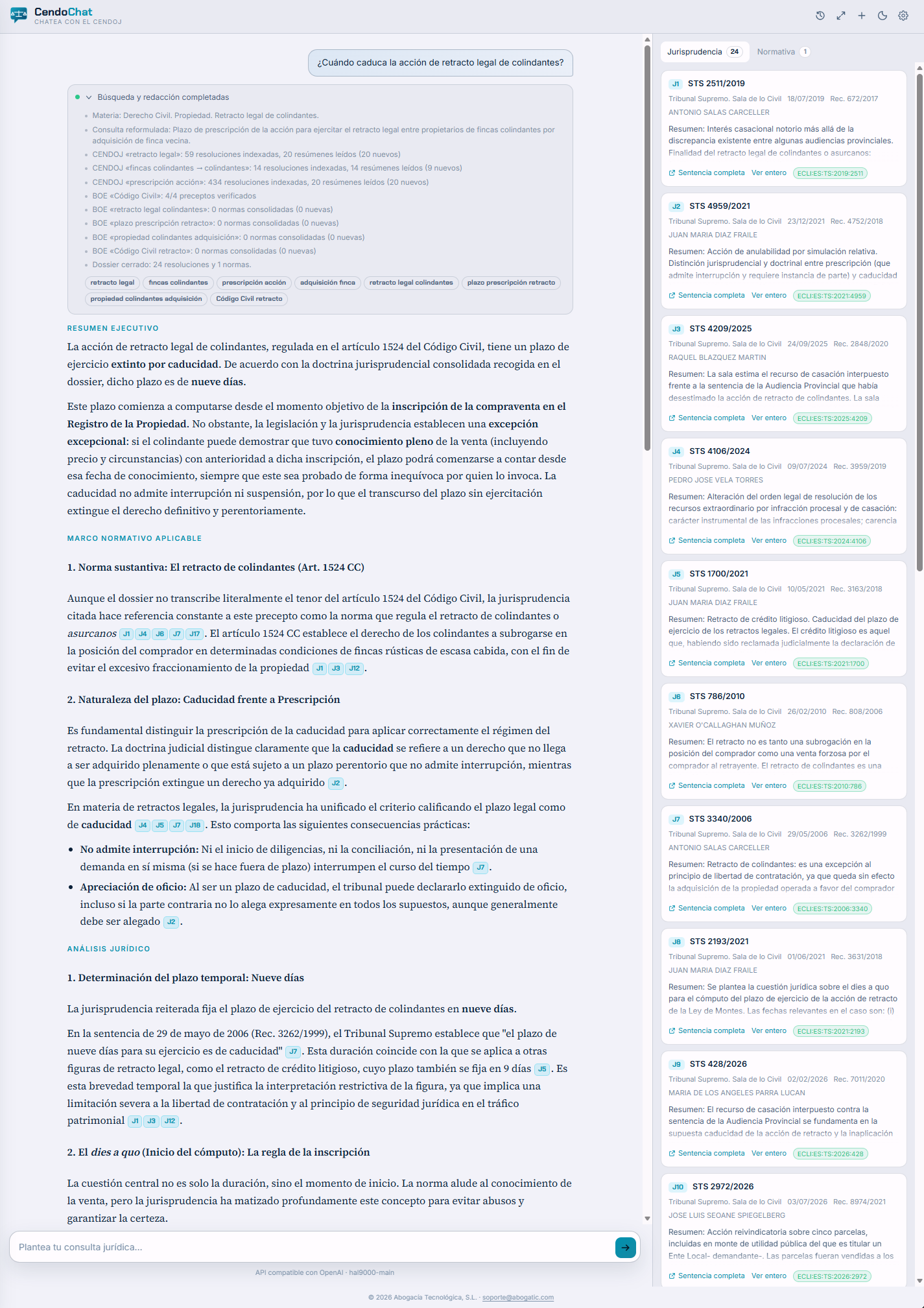 Captura de la extensión CendoChat mostrando una respuesta con sus citas a la jurisprudencia y la normativa