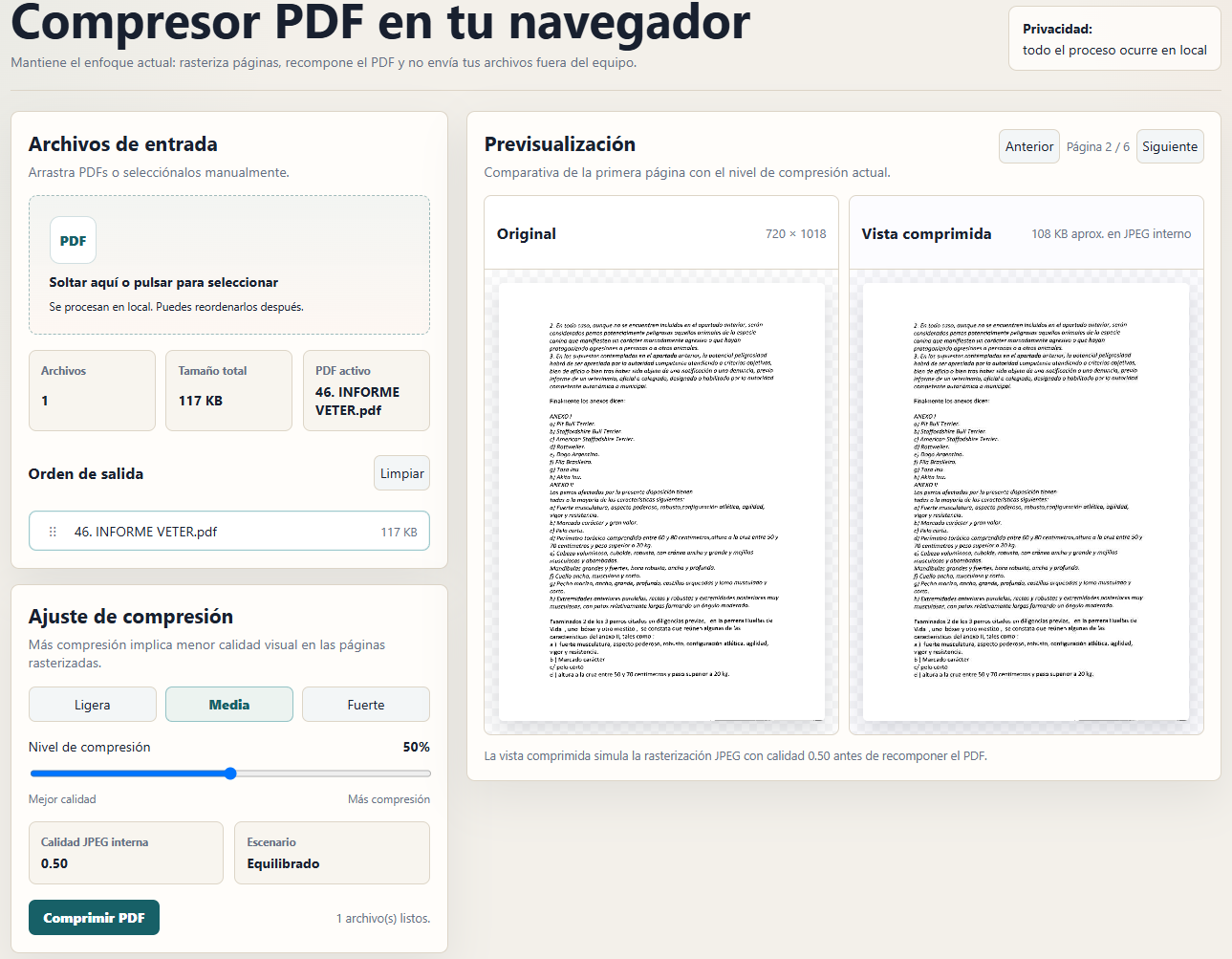 Captura de la app Compresor PDF local