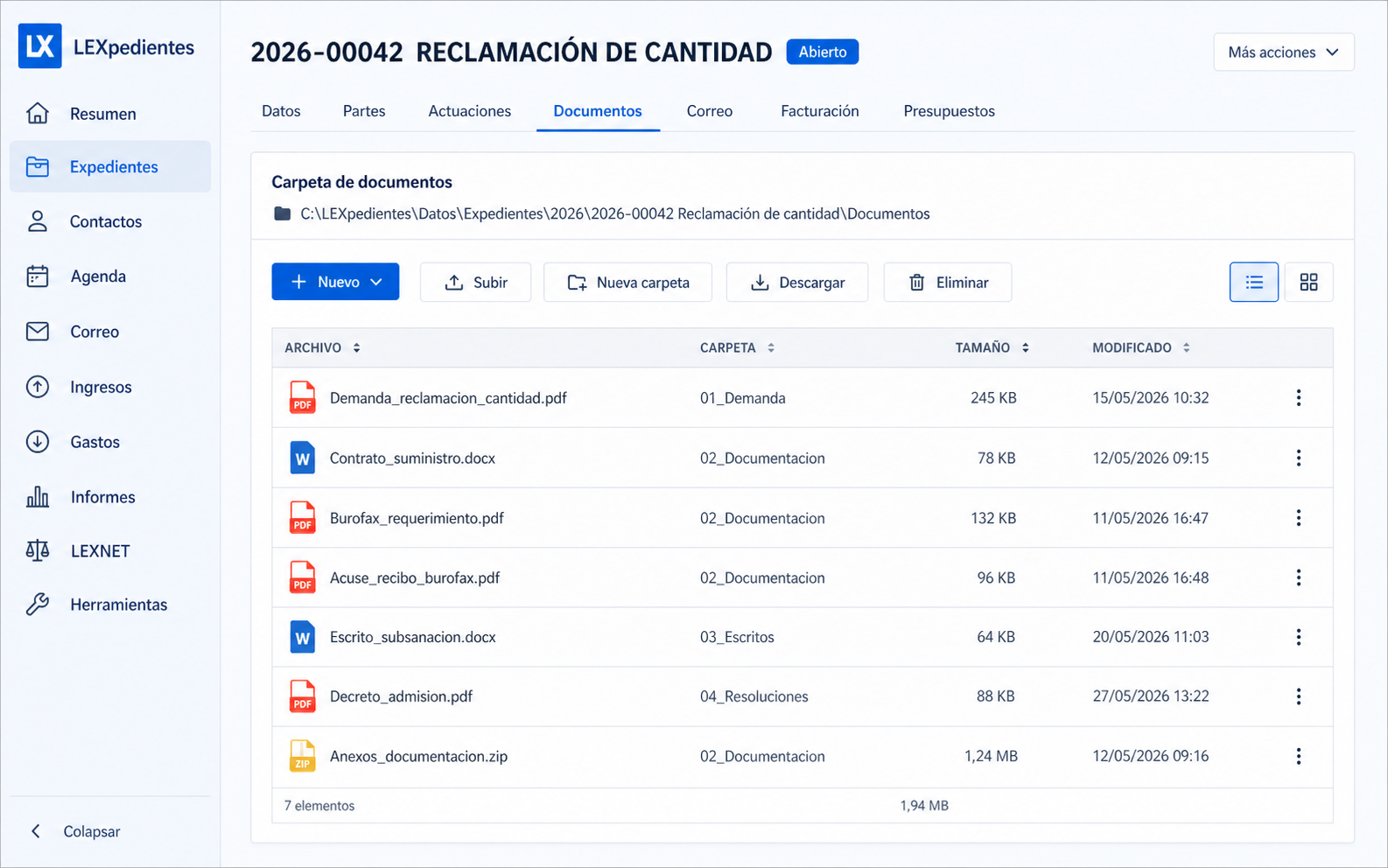 Vista de la pestaña Documentos de un expediente ficticio en LEXpedientes