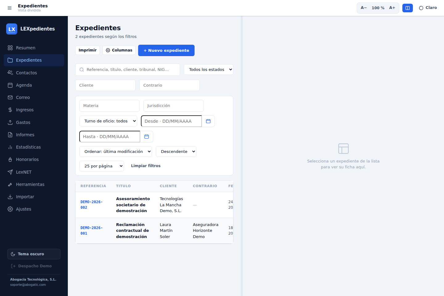 Listado de expedientes de demostración