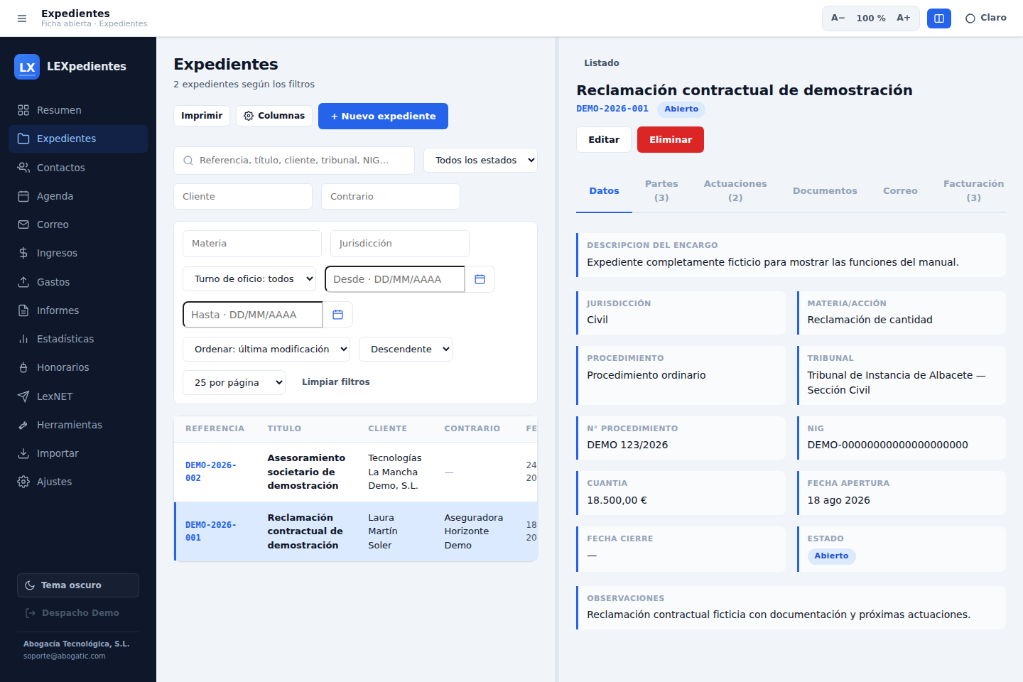 Ficha de datos de un expediente