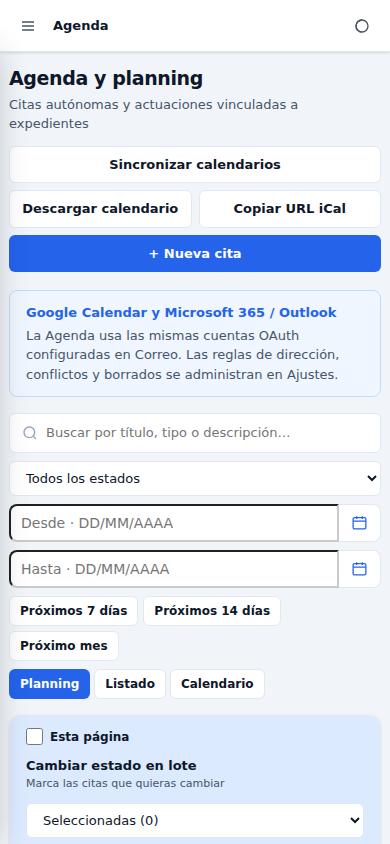 Agenda adaptada a pantalla móvil